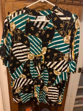 Kathie Lee Collection Black Teal White Gold Patterned Button Down Top